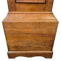 William Gostling of Diss  (Norfolk)-  Late 18th century 8-day oak longcase clock c1780-90, break arch top with scalloped cresting and three brass finials, glazed break arch hood door flanked by turned pilasters with brass capitals, trunk with a long trunk door and rounded top on a square plinth with an applied and shaped skirting, early painted Wilson of Birmingham dial with Roman numerals and five minute Arabic's, matching steel hands and second pointer, arched square ended calendar aperture with date disc behind, floral spandrels within gesso borders and a painted rocking automaton representing Mercury to the break arch, dial pinned via a false plate to a weight driven rack striking movement with a recoil anchor escapement, striking the hours on a cast bell. With pendulum weights and key. 
William Gostling (II) is recorded as working in Diss from 1774 to 1797, succeeded by widow Anne and son George . The dial of this clock is illustrated and discussed in detail in M.F. Tennants book 