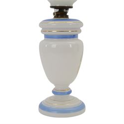 Victorian opaline glass oil lamp, with transfer printed decoration of Napoleon Bonaparte and his wife Josephine, H60cm