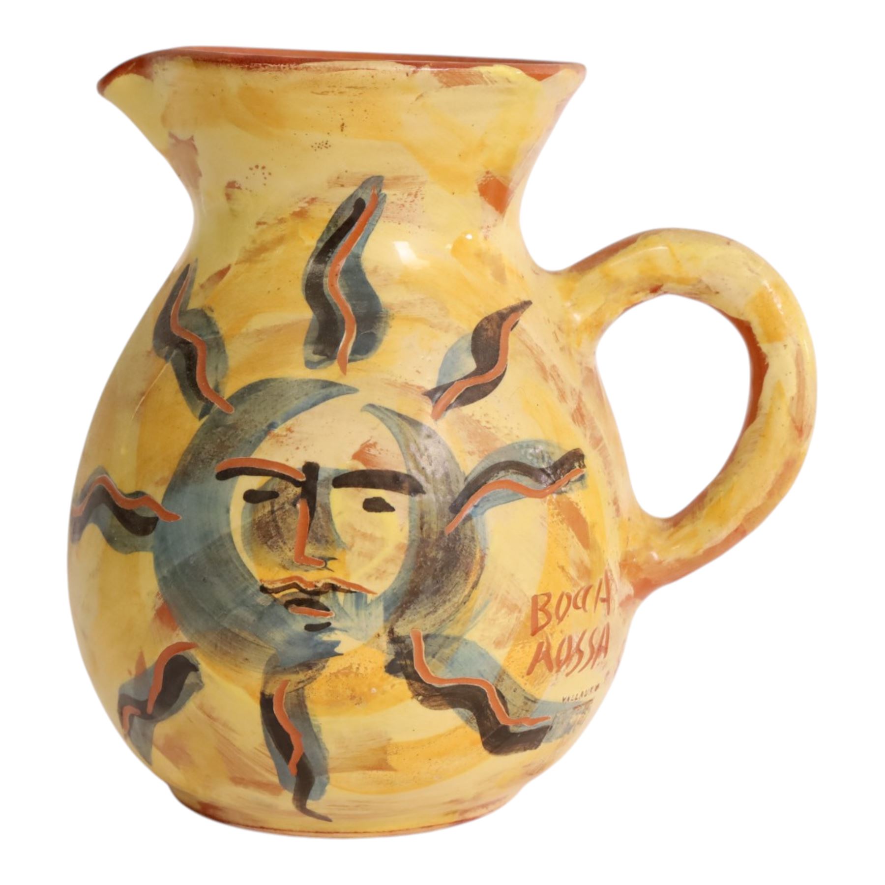 Vallauris French pottery by Patrick Bocca Rossa, jug painted with sun motifs upon a yellow ground, and an octagonal plate with a face to the center, both signed, jug H22cm 