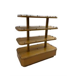 Early to mid-20th century Art Deco design oak shop display stand, fitted with four tiers, the middle two adjustable, with chrome gallery 