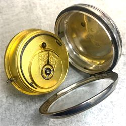 William IV English lever fusee pocket watch by John Morse, Malmesbury, No. 969, round pillars, engraved balance cock decorated with a mask and diamond endstone, white enamel dial with Roman numerals and subsidiary seconds dial, case makers mark J.P, London 1833 