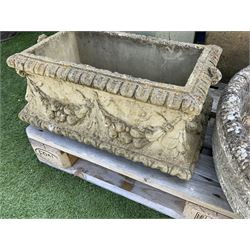 Composite stone rectangular planter, decorated with fruit swags (W54cm), circular composite planter, eight circular composite stepping/pathway stones, Corinthian type plinth, etc. - THIS LOT IS TO BE COLLECTED BY APPOINTMENT FROM DUGGLEBY STORAGE, GREAT HILL, EASTFIELD, SCARBOROUGH, YO11 3TX