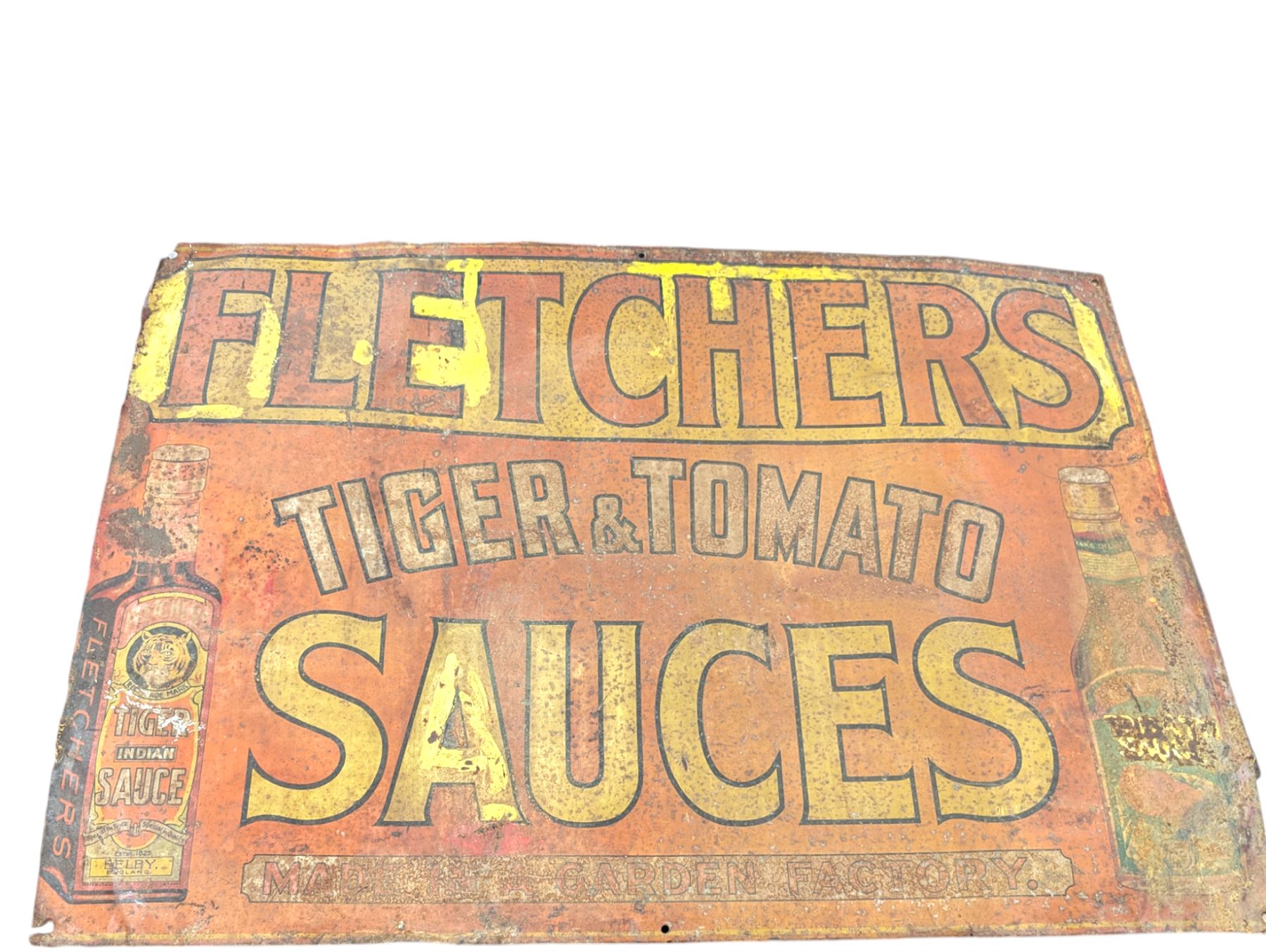 Large metal advertising sign, Fletcher's Tiger & Tomato Sauces, H51cm, W72cm