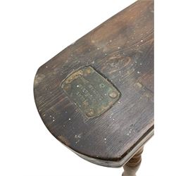 Early 19th century cobbler's work bench, in various woods, revolving cast iron last on yew wood supports, pine seat with inset maker's plaque inscribed 'No 7 Josh Blacker Harehills Leeds', on turned elm front supports and turned beech rear supports 