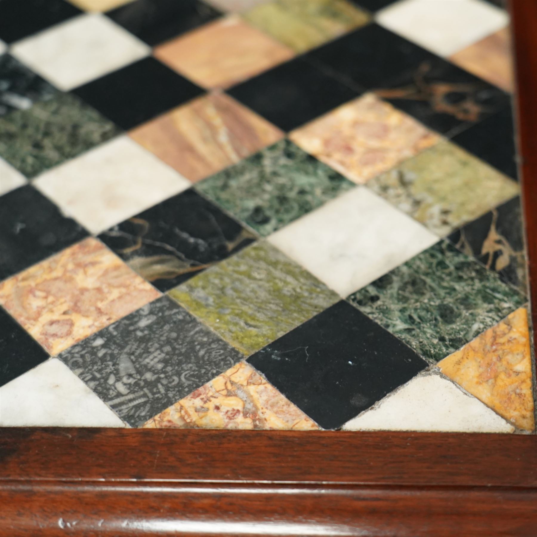 Regency style late 19th century mahogany and Italian specimen marble top console table, rectangular top inlaid with a chequered arrangement of various coloured marbles within a mahogany border, above a plain frieze raised on bold acanthus carved scroll supports over a concave plinth base