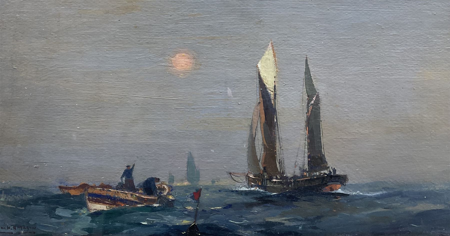 Frank Henry Mason (Staithes Group 1875-1965): 'The Fishing Moon', oil on board signed, titled on the mount 24cm x 46cm