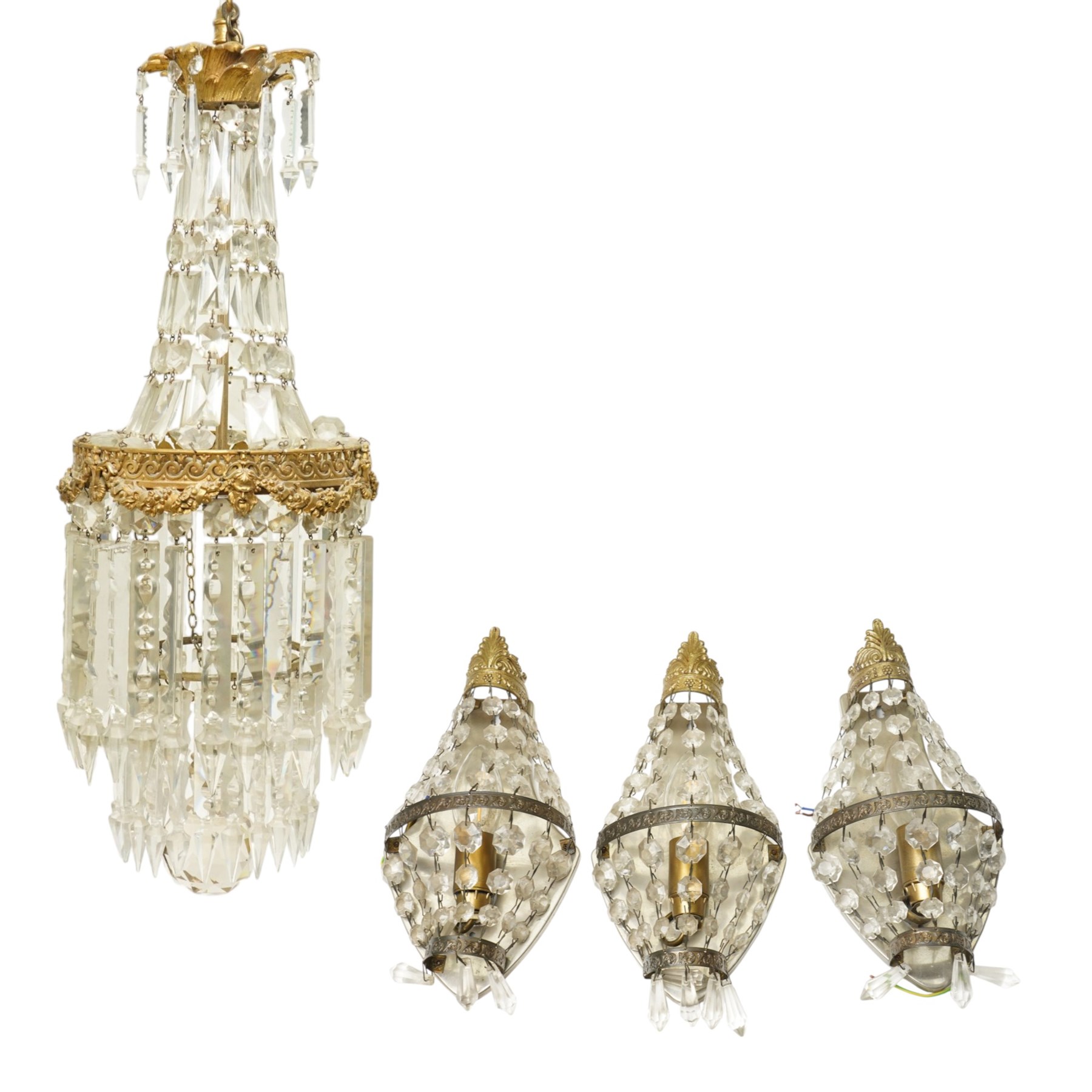 Brass and crystal ceiling light, drop 72cm, together with three small crystal oval wall lights, H28cm (4)