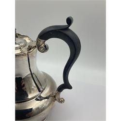 1920s five-piece silver tea service, comprising teapot, coffee pot, hot water pot, twin handled open sucrier and milk jug, each of squat circular form with shaped rim, the teapot, coffee pot and hot water pot each with ebonised handle and finial, the sucrier and milk jug with acanthus capped scroll handles, all upon circular foot, hallmarked R F Mosley & Co, Sheffield 1926 & 1927, tallest H24cm