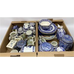 Collection of Ringtons tea and dinnerware, including a set of willow pattern milk jug and sugar bowl,  teapot and milk jug with floral decoration, a selection of storage jars etc, two boxes. 