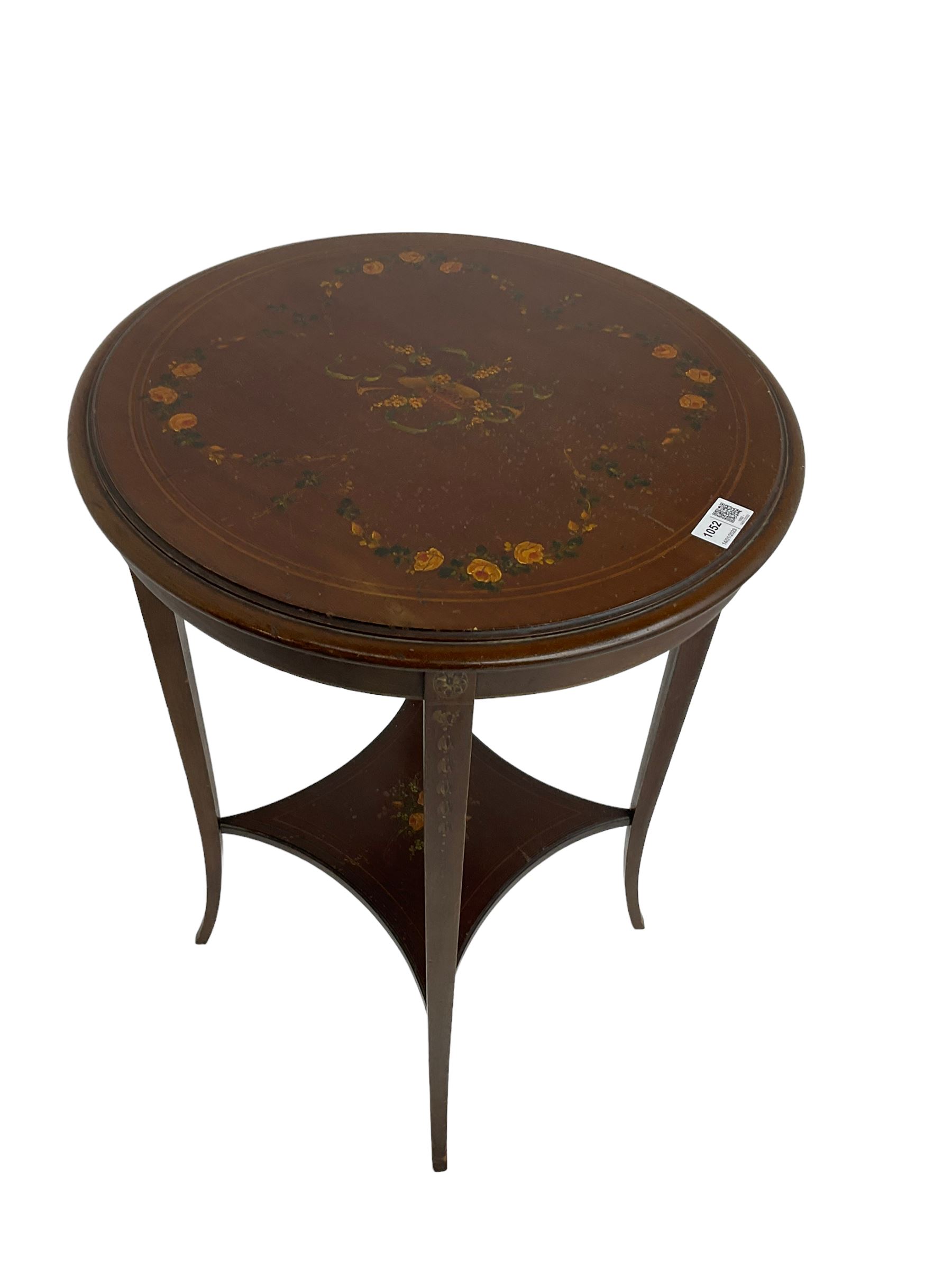 Greenwood and Sons York - early 20th century mahogany side or lamp table, decorated with floral garlands and central musical instrument motifs, with square tapering supports joined by an under-tier 