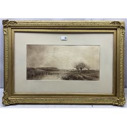 George F. Glennie (British fl.1861-1882): 'Coast Nr. Rye' & 'Pett Level Sussex',  pair monochrome watercolours signed and dated 1875, original title labels verso 24cm x 49cm (2)