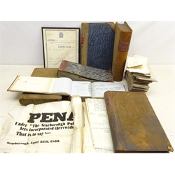 Collection of Victorian Scarborough Public Market Co. Ephemera incl. copy of the Scarborough Market Act 1854, qty. of Scarborough Public Market Co. Share Certificates, Transfers and two allocation Ledgers, three leather bound Victorian Ledgers and a Cash