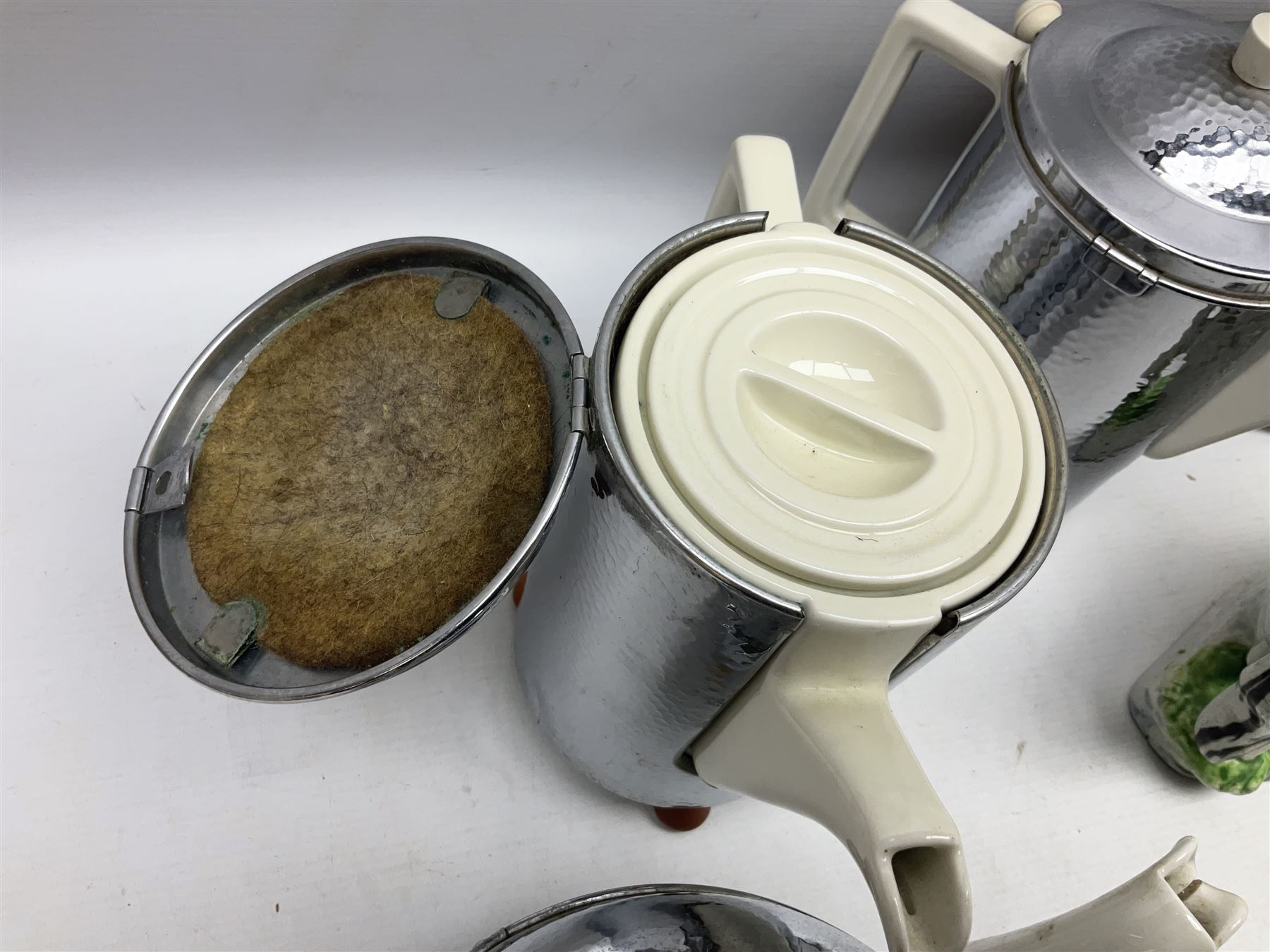 Stayhot teapot and coffee pot, with silver plate clad ceramic bodies, together with another similar coffee pot, jug and sucrier, Staffordshire style flatback figures comprising pair of zebras and cavalier type figure, Melba Ware woodland jug etc