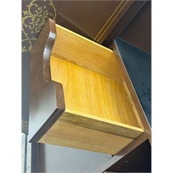 Chinese brown lacquered cocktail cabinet, decorated with gilt scenes of a traditional landscape with figures, pagodas, and mountainous scenery, double doors opening to reveal fitted interior with mirrored back, wine rack, shelves and cupboard, raised on square supports