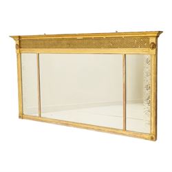Regency style giltwood and composition tripartite overmantel mirror, rectangular frame wit...