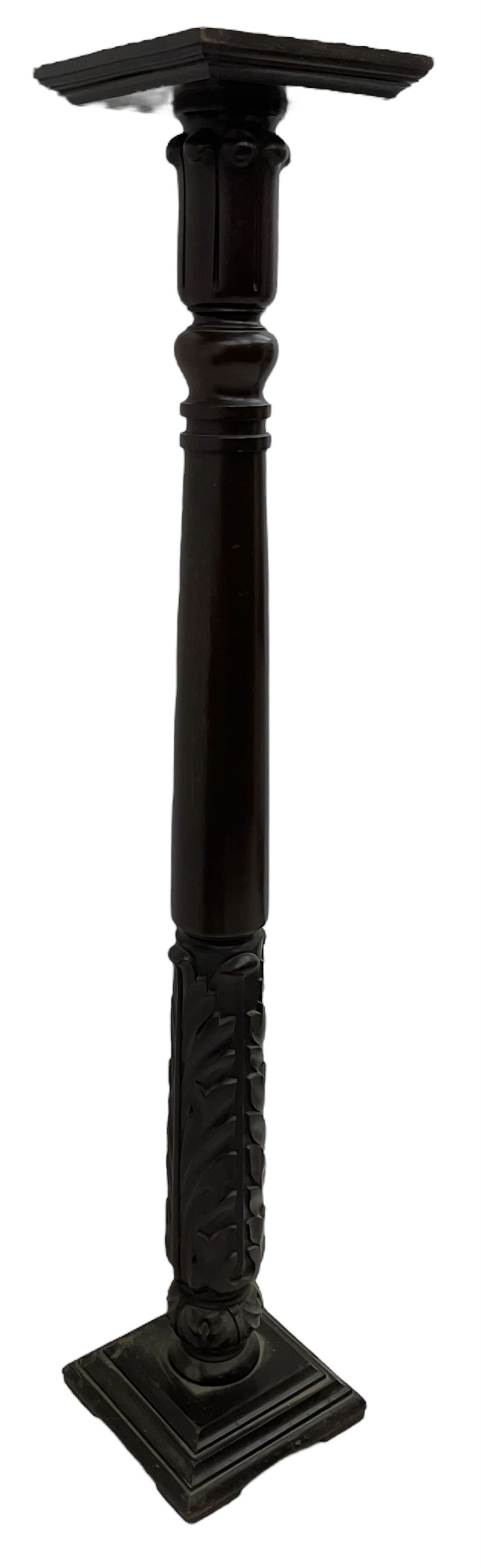 Victorian mahogany torchère or plant stand, square moulded top over turned column with lappet capital, carved with acanthus leaves, on stepped moulded square base