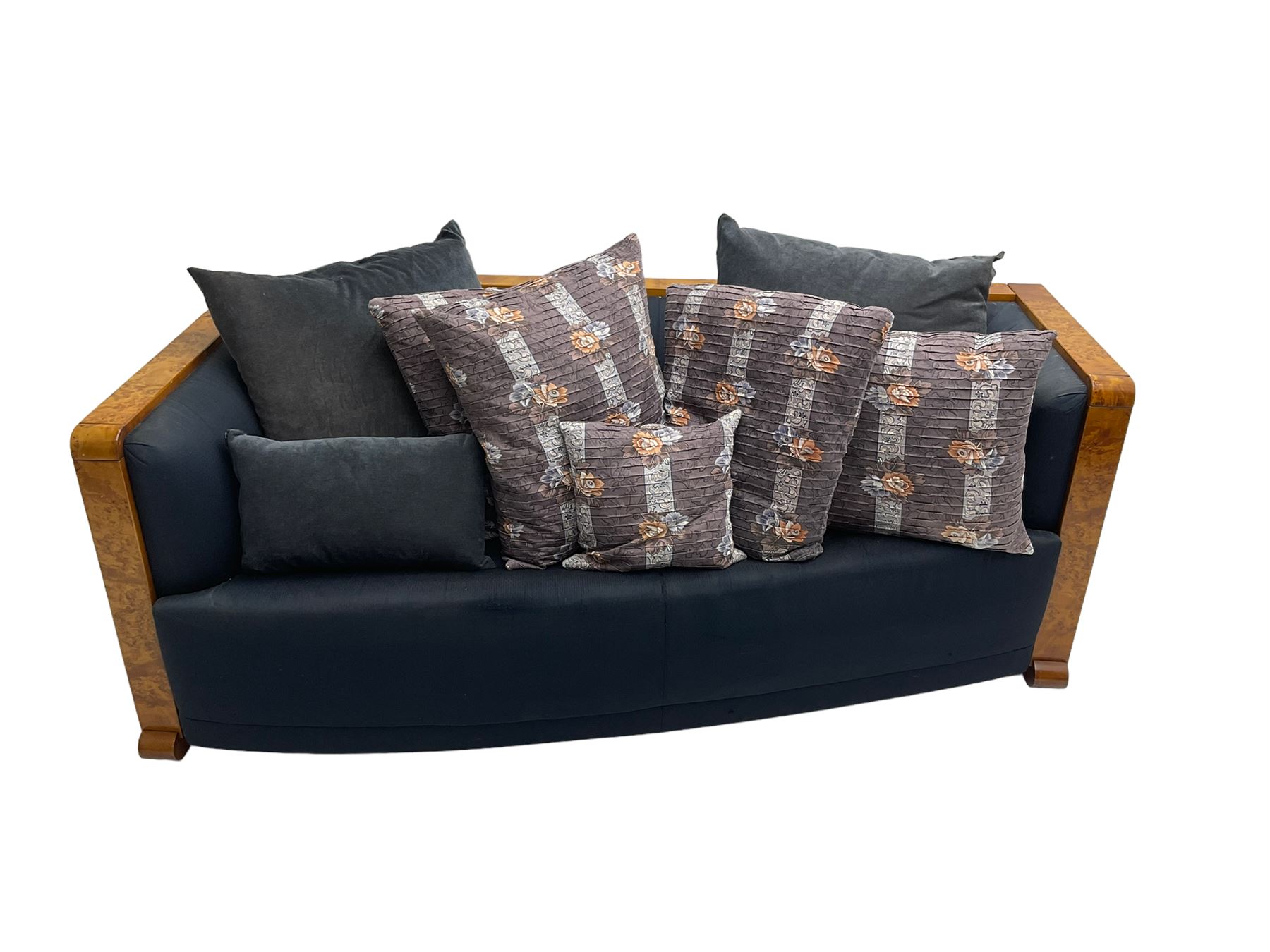 Thörmer Polstermöbel - Art Deco style sofa, of curved tapering form, framed in figured burr elm, upholstered in blue fabric with loose cushions