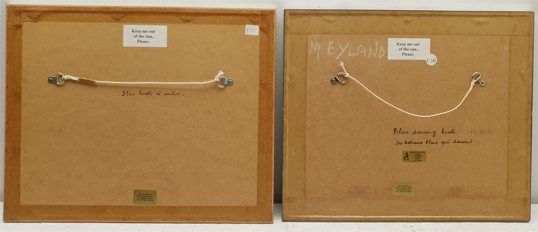 Madeleine Eyland (Belgian/British 1930-2021): 'Blue Boats at Anchor' and 'Blue Dancing Boats', two pastels signed, titled verso 22cm x 30cm and 19cm x 26cm (2) 
Provenance: artist's studio collection. Marie-Madeleine Eyland (neé Legrain) was born in 1930 at Floriffoux, Belgium; she lived most of her life in Scarborough working as a nurse and an artist.