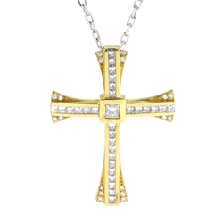  18ct yellow gold princess cut and round brilliant cut diamond cross pendant by Hugh Rice, hallmarked, total diamond weight approx 3.57 carat, on 18ct white gold chain stamped 750  