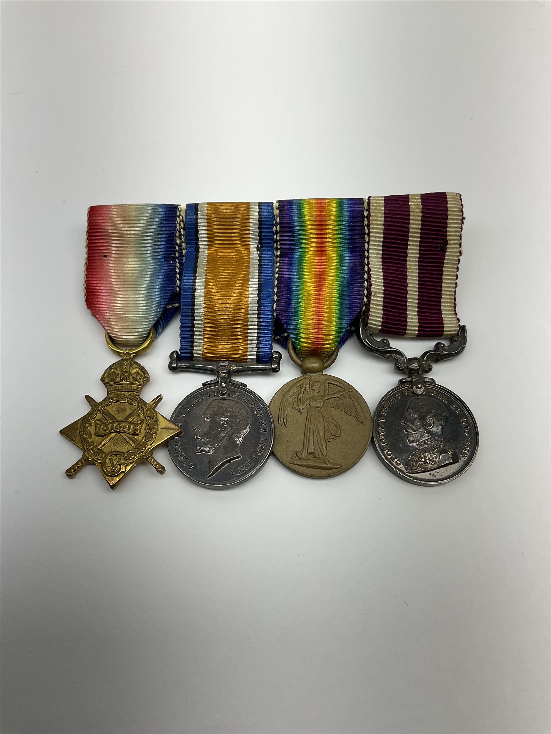 WW1 group of four miniature medals comprising 1914-15 Star, British War Medal, Victory Medal and George V Army meritorious Service Medal, on bar with ribbons