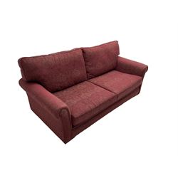 Pair large two seat sofas, upholstered in claret fabric with repeating foliate pattern - 3 years old
