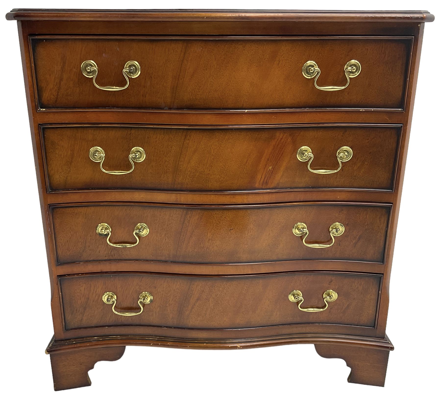Georgian design mahogany serpentine chest, moulded top over four cock-beaded drawers, on bracket feet