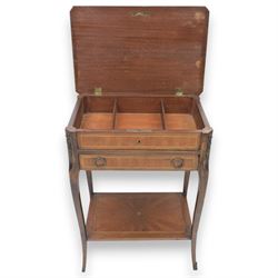 20th century French kingswood inlaid worktable, hinged top with divided compartment, above a single frieze drawer with brass pulls, gilt mounted tapered supports united by and undertier