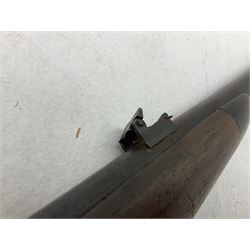 Late 18th century 7.2mm (approx. .28 calibre) Girandoni system single shot reservoir air rifle, the 62cm steel barrel with swivelling two-leaf rear sight, brass breech decorated with a sunburst and lever opening top loading, engraved steel lock-plates marked 'S. Gaskell' to the right side underneath the cocking lever, brass trigger guard,  leather covered steel butt reservoir of tapering conical form with brass ferrule and walnut fore-stock with horn mounts L107cm overall