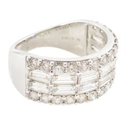 White gold four row, round brilliant cut and baguette cut diamond ring hallmarked 9ct, total diamond weight 2.72 carat 