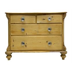 19th century continental pine chest, shaped serpentine top over two short and two long graduated drawers, on turned bun supports