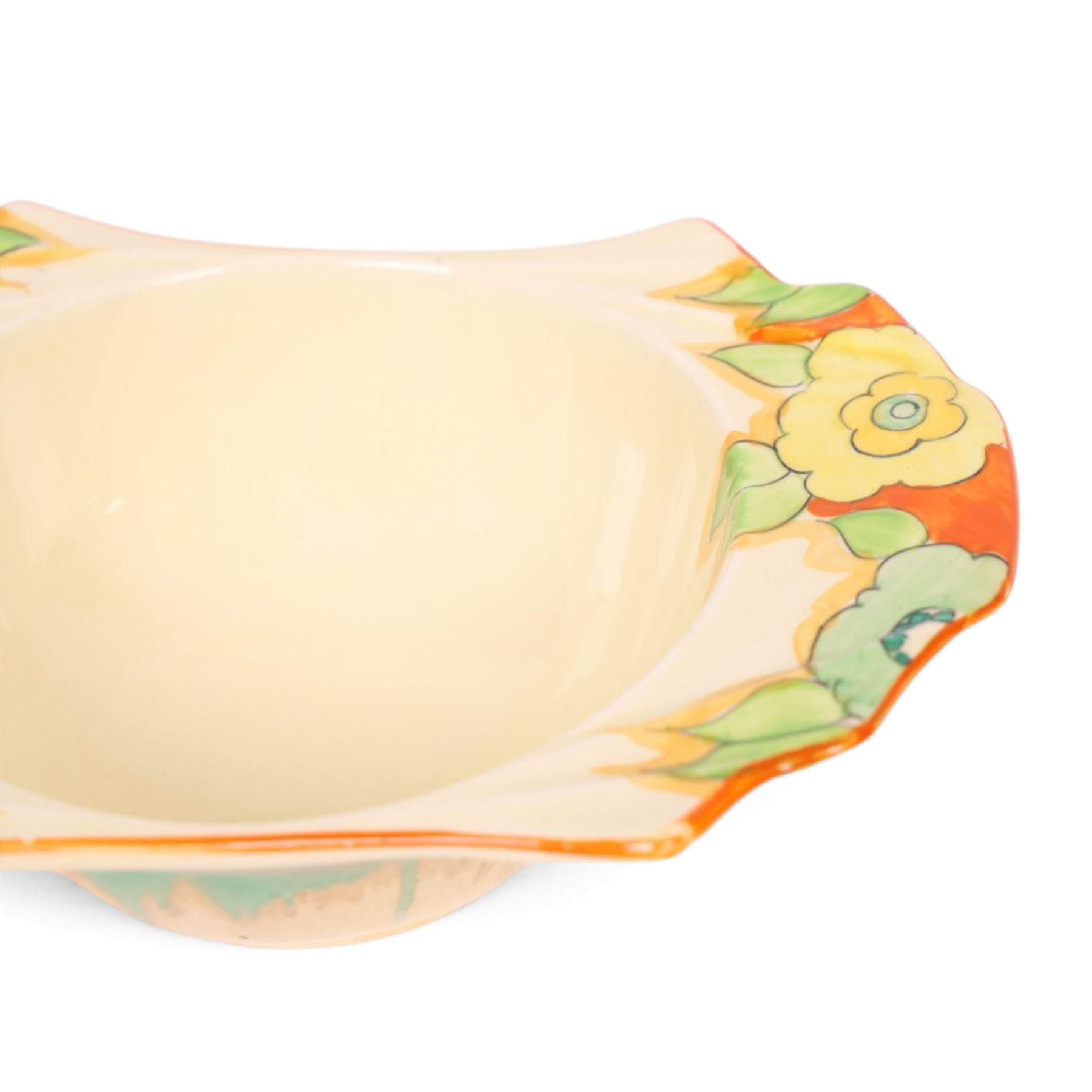 Clarice Cliff Joanquil pattern, Daffodil shape grapefruit bowl, circa 1933, with Bizarre and printed marks to base, L7cm, H5cm