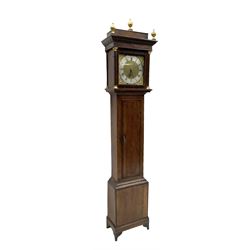 John Kemp of Yoxford (Suffolk) - 18th century oak 30 hour longcase clock c1770, with a later box top and finials, square hood door with attached pilasters and gesso capitals, long flat topped trunk door with a rectangular plinth and bracket feet, brass dial with cast spandrels and engraved dial centre, silvered chapter ring with Roman numerals and five minute Arabic's, with matching steel hands, birdcage chain driven movement with a recoil anchor escapement and count wheel striking. With weight and pendulum.
