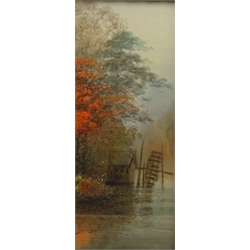  Japanese River Landscape, early 20th century watercolour signed K. B. Takata, Figures along a Country Path, watercolour indistinctly signed, Japanese Water Mill, watercolour signed Yamaga and one other embroidery max 32cm x 49cm (4)  