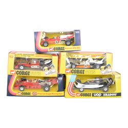 Eleven Corgi diecast Formula 1 models, comprising 152 Ferrari 312 B2, 161 Elf Tyrell Project 34, 158 Ef Tyrell Ford, 151 Whizzwheels Yardley McLaren M19A, 154 John Player Special Lotus, 156 Graham Hill's Embassy Shadow, 153 Whizzwheels TS9B Team Surtees, 155 UOP Shadow, 159 Patrick Eagle Indianapolis, 160 Hesketh 308 and 150 Whizzwheels Surtees TS9