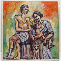 Francis Perera (Sri Lankan 1931-): 'Family Pet', oil on sail canvas signed and titled verso 69cm z 67cm (unframed) Notes: Perera a noted Sri Lankan artist has had many solo exhibitions both in his home country and overseas. He is a six time winner of the Presidential Award, represented Sri Lanka in Washington DC to commemorate the 50th anniversary of its independence, exhibited at the Royal Commonwealth Society in 2002, and at the 20th International Art Festival in Germany.