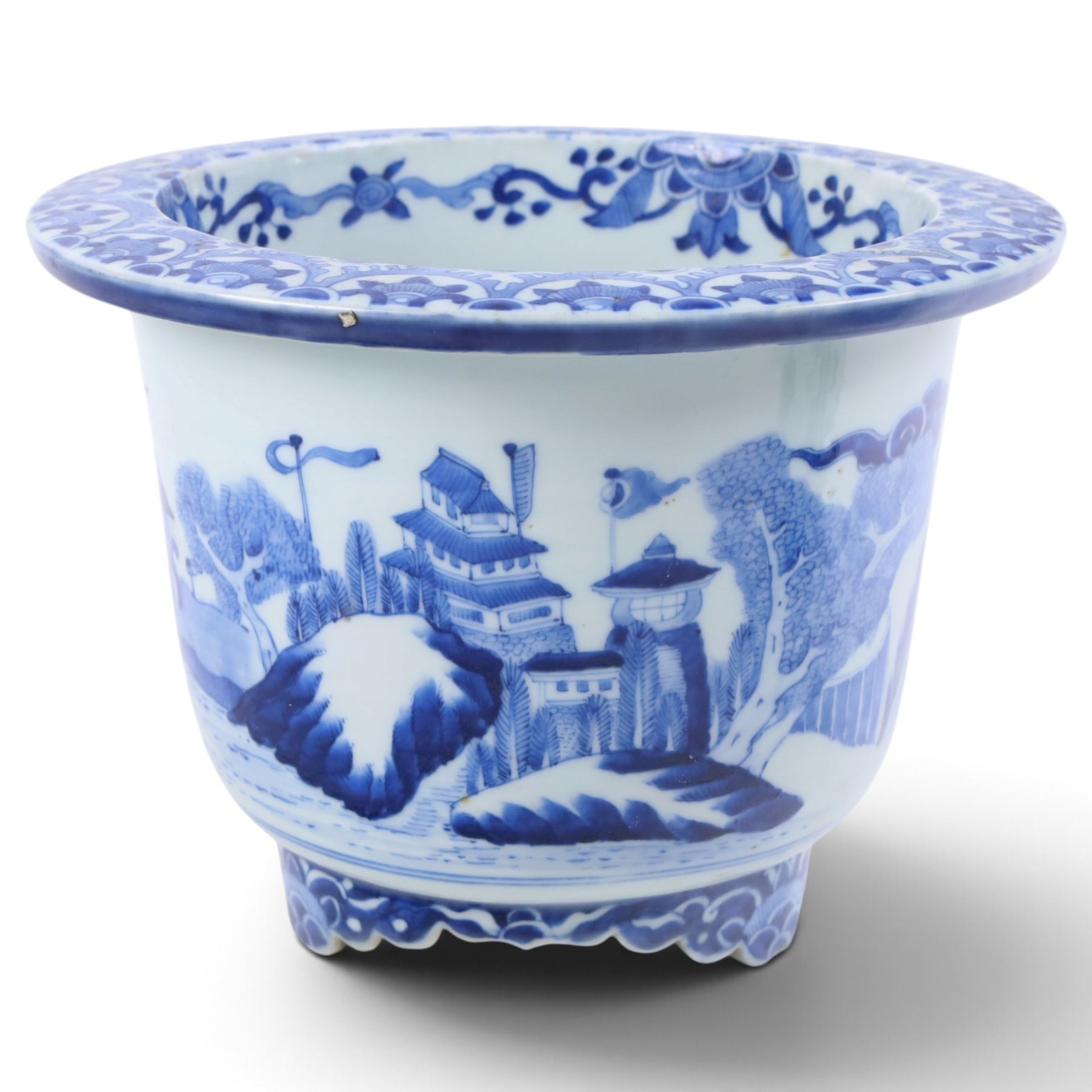 Pair of blue and white moulded vases, decorated with dragons amongst clouds, together with two blue and white planters painted, the first decorated with pagodas within a landscape scene, the other with musicians, vases H26cm 