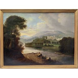 Circle of Horatio McCulloch (Scottish 1805-1867): Fisherman on the Banks of River Dee with Balmoral Castle in the distance, oil on canvas unsigned 66cm x 90cm