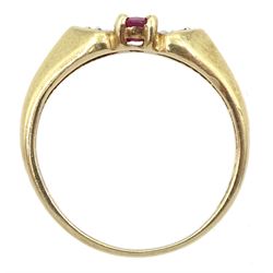 9ct gold ruby solitaire ring with diamond set shoulders, stamped 9K