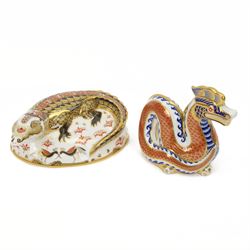 Two Royal Crown Derby paperweights, comprising Crocodile, with gold stopper and original box and Imari Dragon with gold stopper  