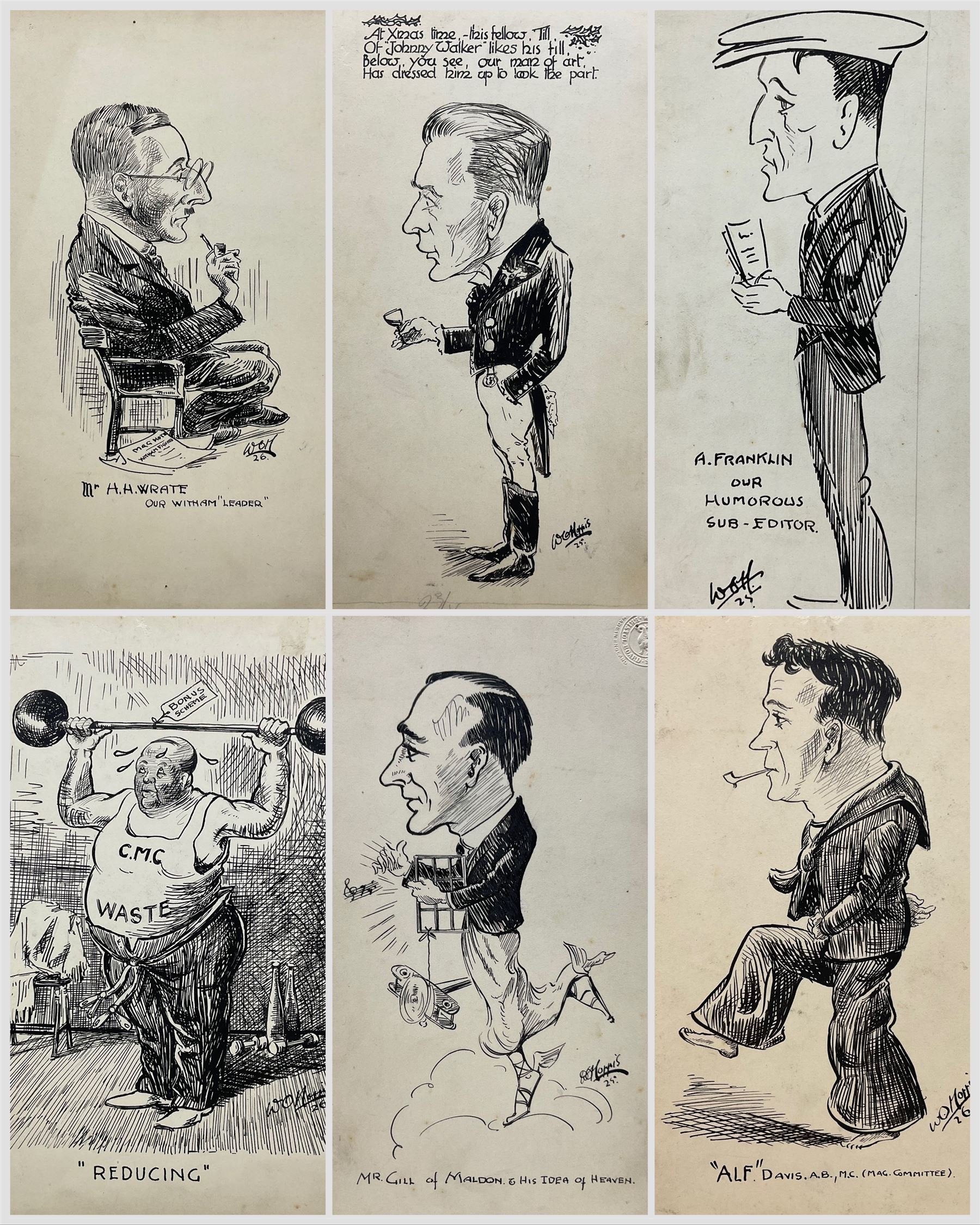 William O Norris (British 19th Century) - Large folio of humorous pen and ink illustrations for Crittall Magazine and other original works to include various advertisement drafts for Eastern National and Marconis Wireless Telegraph Company, mostly dated '25, and a photograph of the artist at work max 36cm x 46cm 