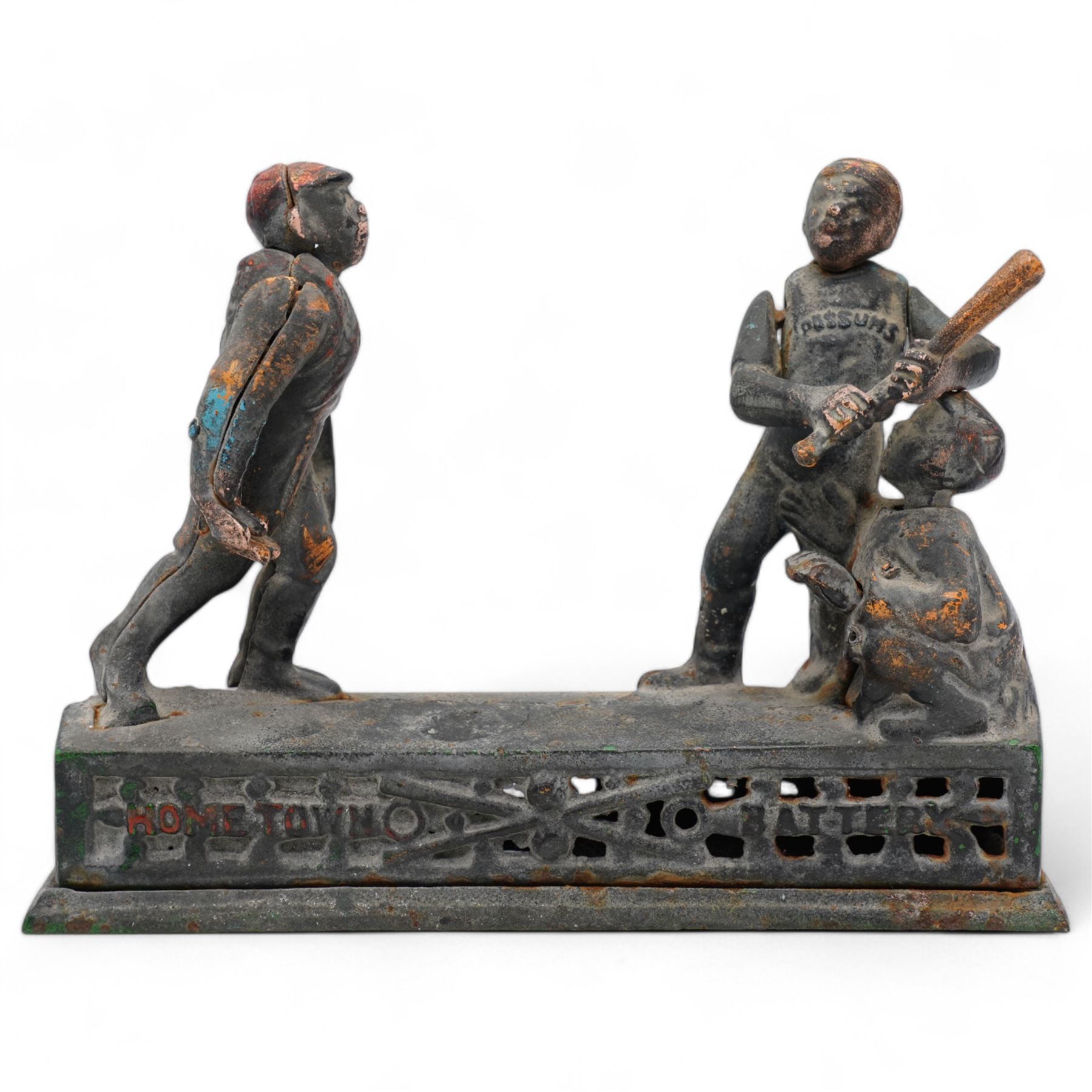 Late 19th century American 'Hometown Battery' money bank with moving baseball figures and traces of original paint W23cm