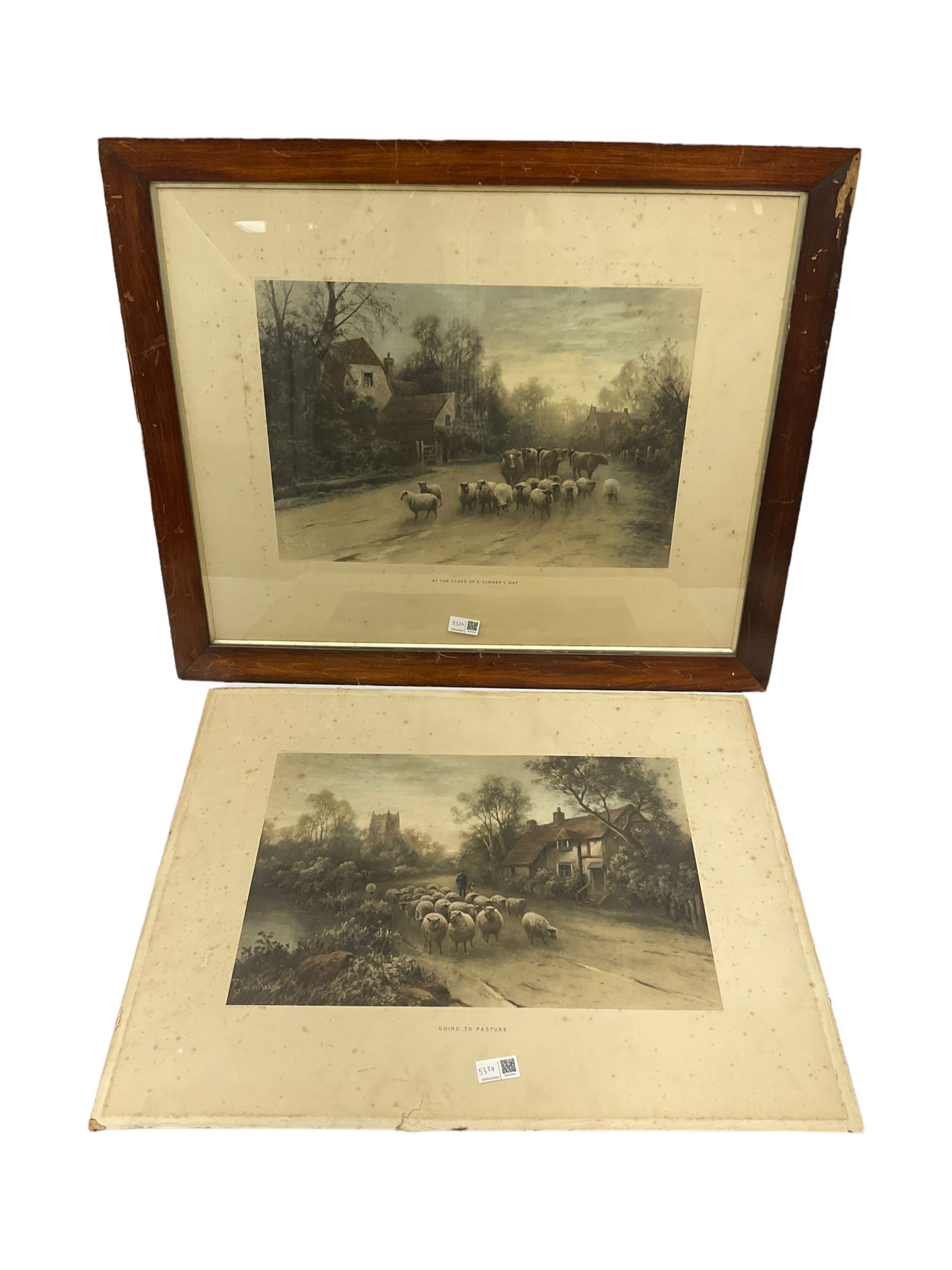 After Ezra Elmer Keene (British 1853 - 1929): 'Going to Pasture' and 'At the Close of a Summers Day', pair lithographs together with after Richard Butterworth (British early 20th century): 'Balloonist's Impression of the City of York', colour print max 87cm x 53cm (3)