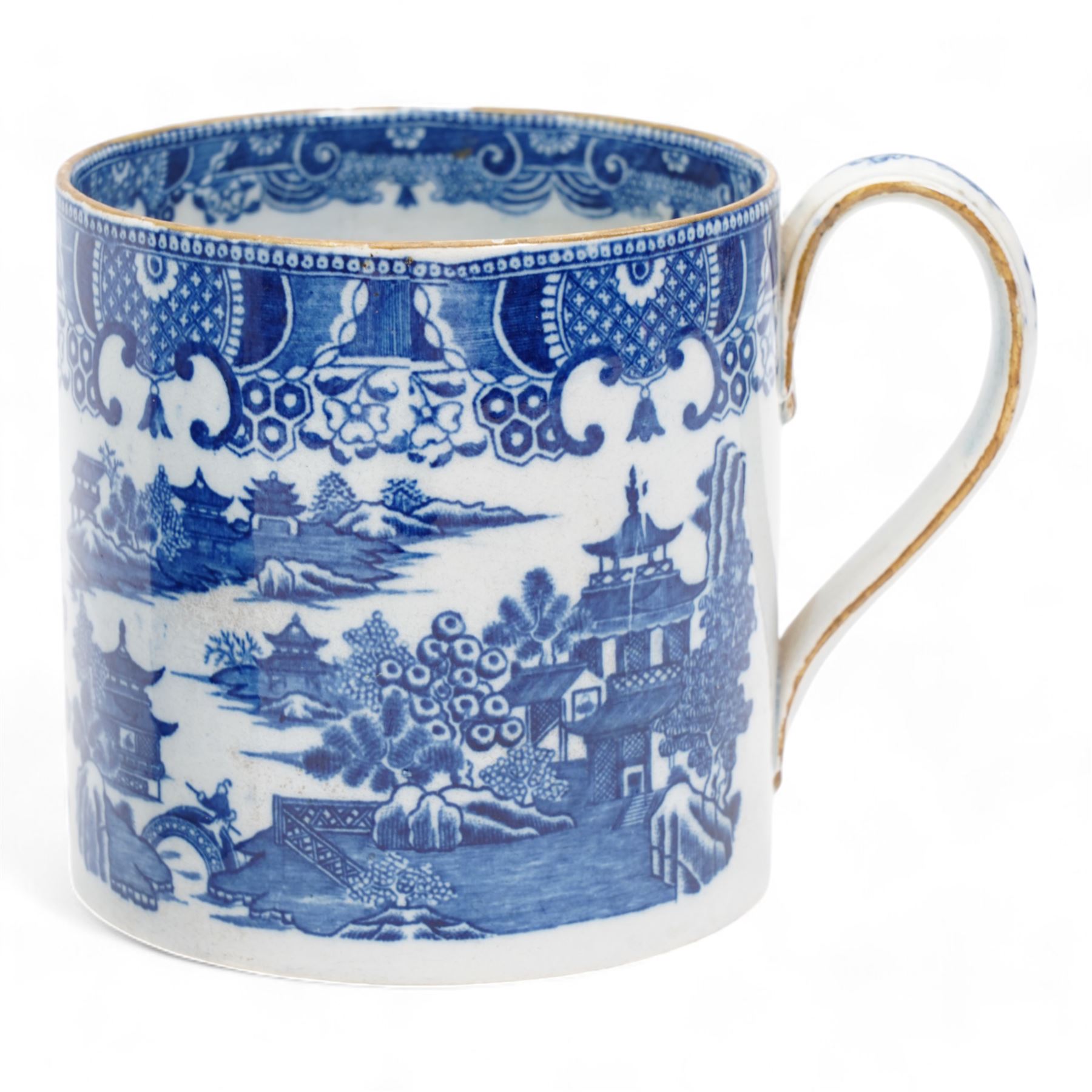 Early 19th century pearlware blue and white willow pattern tankard, possibly Swansea Pottery, together with another 19th century pearlware tankard (2)