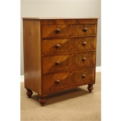 Victorian mahogany chest, two short and three long drawers, on turned feet, W105cm, H119cm, D50cm  