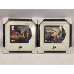 Set of four Royal Mail David Bowie limited edition album stamp prints, comprising Heroes, Ziggy Stardust Tour, Hunky Dory and Let's Dance, all framed and in original packaging, H43cm W43cm