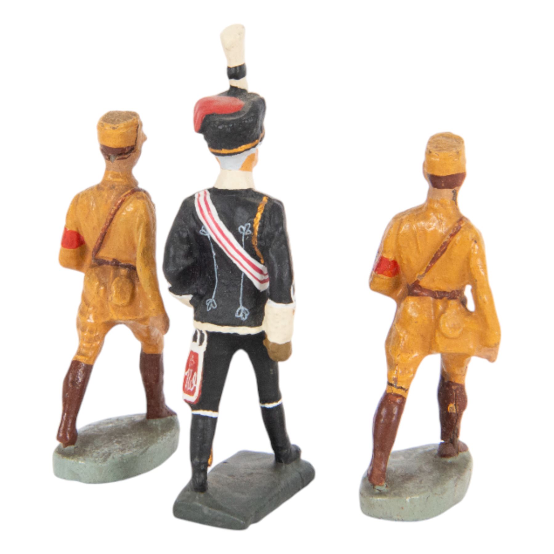 Elastolin; two SA Brownshirts in party uniforms circa 1930's, together with Lineol resin Von Mackensen, circa 1970, marks beneath