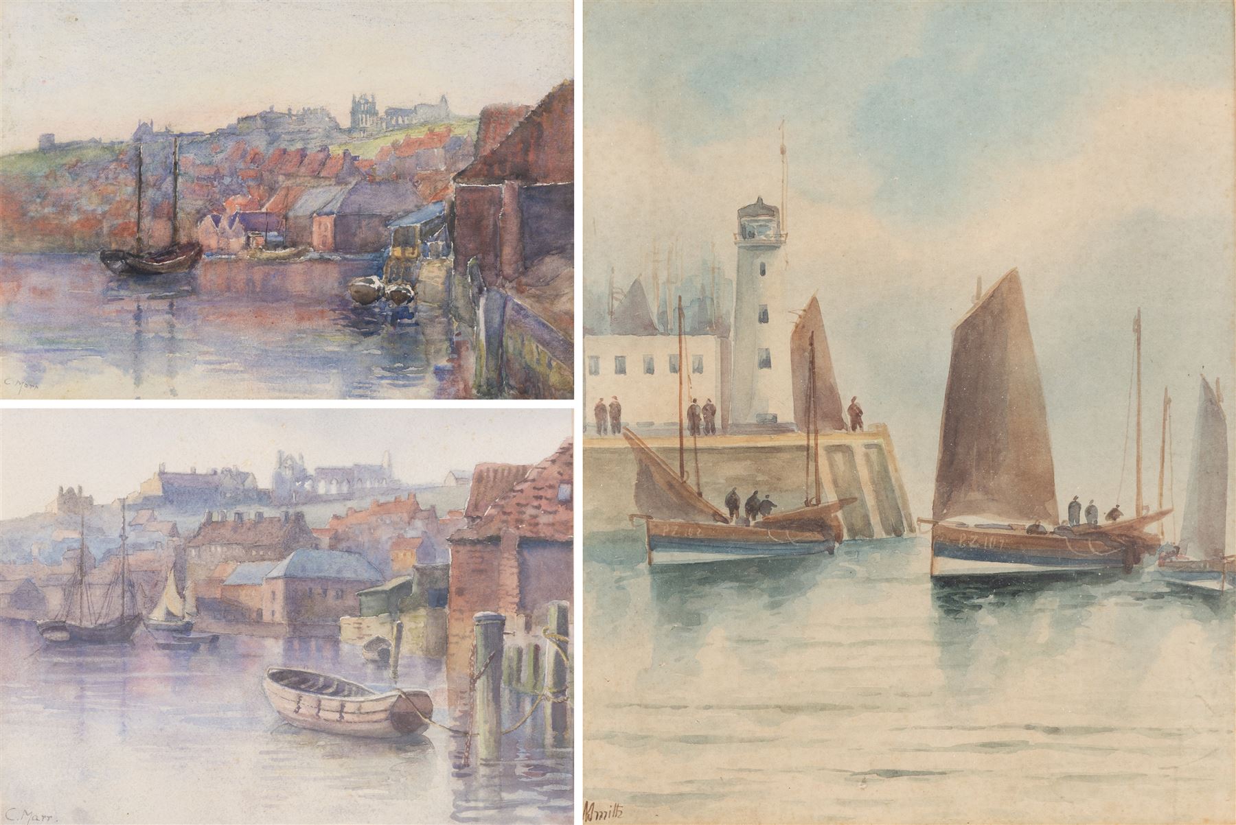 A Smith (British 19th/20th Century): Scarborough Pier Lighthouse, watercolour indistinctly signed 24cm x 19cm; C Marr (British 19th/20th Century): 'Whitby Harbour', two watercolours signed, one titled verso, 20cm x 28cm and 22cm x 29cm (3)