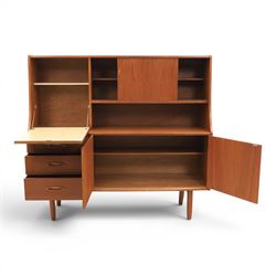 Jentique - mid-20th century teak highboard, fall front cabinet next to a sliding door cupboard above and open recess, the lower section with cabinet doors and three graduated drawers, raised on cylindrical legs