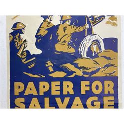 WW2 poster after Alfred Sindall printed for H.M. Stationery Office by Wm. Brown & Co Ltd London E.C.3; poster No.S.P.37 'Paper For Salvage Helps To Feed The Guns' depicting British Soldiers firing a field gun 75 x 51cm; blue, gold and white; unframed