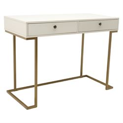 Modern white dressing table, rectangular top above two frieze drawers with bronze metal ha...